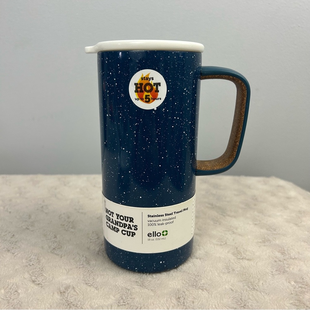 Ello Campy Stainless Steel Travel Mug Avalon Sea Speckled Blue White 18oz Coffee